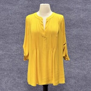 BCBGMAXAZRIA Tunic Shirt Womens Small Yellow Sunflower Pleated Long Sleeve Top